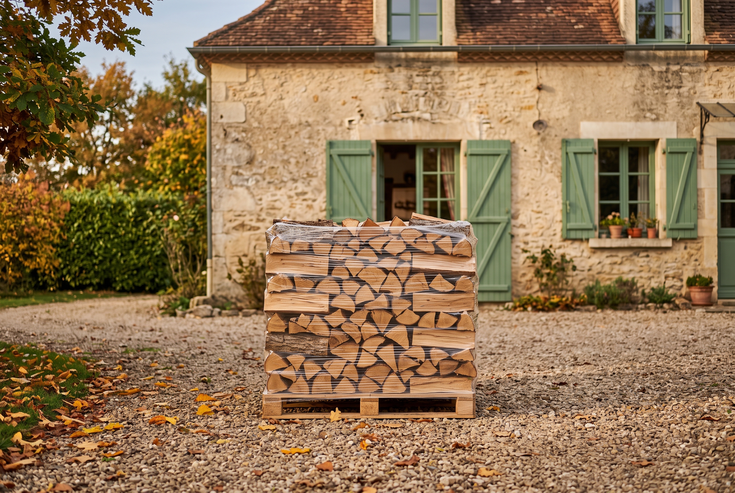 Palette de bûches livrée devant une maison